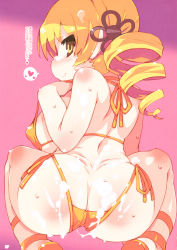 Rule 34 | 1girl, ass, bikini, blonde hair, breasts, closed mouth, covered erect nipples, cum, cum on ass, cum on hair, drill hair, facial, from behind, heart, highres, large breasts, looking at viewer, mahou shoujo madoka magica, mahou shoujo madoka magica (anime), pink background, profile, scan, sideways mouth, smile, solo, spoken heart, squatting, swimsuit, tomoe mami, translation request, twin drills, twintails, yellow bikini, yellow eyes, zankuro