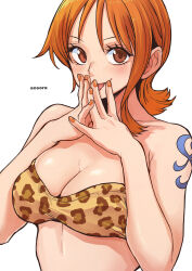 Rule 34 | 1girl, :p, animal print, aosora2823, artist name, breasts, brown eyes, cleavage, commentary request, fingernails, highres, large breasts, leopard print, looking at viewer, nail polish, nami (one piece), one piece, orange hair, orange nails, short hair, shoulder tattoo, simple background, solo, swimsuit, tattoo, tongue, tongue out, upper body, white background