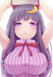 Rule 34 | 1girl, :o, arms up, book, book on head, breasts, crescent, crescent hair ornament, female focus, hair ornament, highres, large breasts, long hair, object on head, panda tarou, patchouli knowledge, purple eyes, purple hair, ribbon, sleeveless, solo, touhou, upper body
