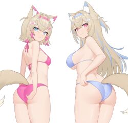 Rule 34 | 2girls, absurdres, animal ear fluff, animal ears, ass, bikini, blonde hair, blue bikini, blue eyes, blue hair, blue headband, breasts, dog ears, dog tail, fang, fuwawa abyssgard, hair ornament, hairpin, headband, highres, hololive, hololive english, large breasts, long hair, looking at viewer, looking back, mococo abyssgard, moursho, multicolored hair, multiple girls, pink bikini, pink eyes, pink hair, pink headband, short hair, siblings, simple background, sisters, small breasts, streaked hair, swimsuit, tail, thighs, twins, virtual youtuber, white background, x hair ornament