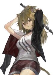 Rule 34 | 1girl, animal ears, arknights, arms up, black choker, black jacket, breasts, brown eyes, brown hair, choker, clay (clayjun), commentary, cowboy shot, fur-trimmed shorts, fur trim, hair between eyes, highres, jacket, lion ears, lion tail, long hair, looking at viewer, medium breasts, open clothes, open jacket, parted lips, short shorts, shorts, siege (arknights), simple background, solo, standing, tail, tank top, white background, white tank top