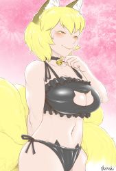 Rule 34 | 1girl, alternate eye color, animal ears, arm behind back, arm up, bell, black bra, black panties, blonde hair, bra, breasts, brown eyes, cat lingerie, cleavage cutout, clothing cutout, collar, cowboy shot, embarrassed, floral background, fox ears, fox tail, frilled bra, frills, highres, jingle bell, large breasts, lips, looking down, looking to the side, meme attire, multiple tails, navel, neck bell, outline, panties, pink background, shiny clothes, short hair, side-tie panties, smile, solo, stomach, string panties, sweatdrop, tail, thighs, touhou, underwear, underwear only, yakumo ran, yellow eyes, yukaran nosuke