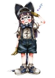 Rule 34 | 1girl, animal ears, cat ears, cat tail, clothes writing, dr. slump, glasses, gloves, gomennasai, highres, norimaki arale, salute, shoes, sneakers, solo, suspenders, tail