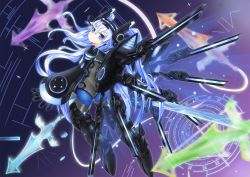Rule 34 | 10s, 1girl, armor, ass, black heart (neptunia), blue eyes, blush, bodysuit, boots, breasts, from behind, gloves, greaves, headgear, highres, hiyada yuu, long hair, looking at viewer, looking back, mecha musume, neptune (series), next black, noire (neptunia), scouter, shin jigen game neptune vii, shiny clothes, silver hair, smile, solo, sword, symbol-shaped pupils, thigh boots, thighhighs, visor, weapon, wings