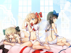 Rule 34 | 3girls, ;), ;o, arm support, ass, back, bare arms, bare legs, bare shoulders, barefoot, bed sheet, black eyes, black hair, black ribbon, blonde hair, blue bow, blue eyes, bow, bow panties, bra, breasts, chima q, closed mouth, commentary request, dress shirt, drill hair, fairy wings, feet, from behind, full body, hair bow, hands up, hat, hat ribbon, highres, indoors, luna child, lying, mouth hold, multiple girls, navel, no pants, one eye closed, open clothes, open shirt, orange hair, panties, profile, puffy short sleeves, puffy sleeves, red bow, red eyes, ribbon, shirt, short sleeves, sitting, small breasts, smile, soles, star sapphire, stomach, sunny milk, touhou, transparent wings, tying hair, unbuttoned, unbuttoned shirt, underwear, underwear only, wariza, white bra, white hat, white panties, white shirt, window, wings, yokozuwari