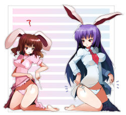 Rule 34 | 2girls, ?, animal ears, barefoot, breasts, clothes lift, clothes pull, dress, dress lift, dress shirt, female focus, impossible clothes, impossible dress, inaba tewi, ippongui, long hair, multiple girls, panties, purple hair, rabbit ears, red eyes, reisen udongein inaba, shirt, side-tie panties, skirt, skirt lift, skirt pull, striped background, striped clothes, striped panties, thighs, touhou, tying, underwear, undressing, untied