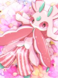 Rule 34 | blurry, bokeh, bright pupils, claws, commentary request, creatures (company), depth of field, flower, from above, game freak, gen 7 pokemon, looking at viewer, lurantis, lying, nintendo, no humans, on back, pink flower, pokemon, pokemon (creature), shito (luyumash), solo