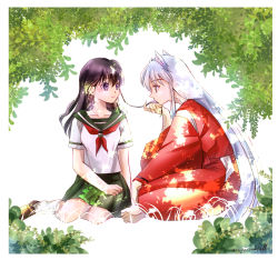 Rule 34 | 1boy, 1girl, animal ears, black hair, border, brown footwear, collarbone, collared shirt, couple, dappled sunlight, eye contact, fox ears, green sailor collar, green skirt, hair between eyes, hetero, higurashi kagome, holding, holding own hair, indian style, inuyasha, inuyasha (character), japanese clothes, kimono, loafers, long hair, looking at another, miniskirt, neckerchief, pants, pleated skirt, profile, purple eyes, red neckerchief, red pants, runa rainfall, sailor collar, sailor shirt, school uniform, serafuku, shirt, shoes, sitting, skirt, soles, straight hair, sunlight, very long hair, white border, white hair, white shirt, yellow eyes