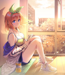 Rule 34 | 1girl, bare legs, bare shoulders, black shorts, blue eyes, blush, breasts, building, can, cellphone, cleavage, closed mouth, collarbone, curry bowl, day, drink can, full body, go-toubun no hanayome, green ribbon, hair ribbon, holding, holding phone, indoors, jacket, knees up, large breasts, long sleeves, medium breasts, nakano yotsuba, off shoulder, open clothes, open jacket, orange hair, phone, reflective floor, ribbon, shoes, shorts, sitting, smartphone, smile, sneakers, soda can, solo, strap gap, striped clothes, striped shorts, sunlight, towel, track jacket, tree, unzipped, vertical-striped clothes, vertical-striped shorts, white footwear, white jacket, window, wooden floor