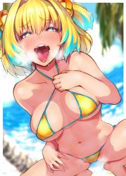 Rule 34 | + +, 1girl, amo takumi, beach, bikini, blonde hair, blue eyes, blue hair, blurry, blurry background, blush, bombergirl, breasts, collarbone, commentary request, day, depth of field, dutch angle, grenade hair ornament, halterneck, highres, large breasts, looking at viewer, multicolored hair, naughty face, navel, nose blush, open mouth, outdoors, pine (bombergirl), saliva, short hair, solo, spread legs, squatting, swimsuit, symbol-shaped pupils, tongue, tongue out, two-tone hair, yellow bikini, yellow pupils