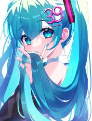 Rule 34 | 1girl, 39, bare shoulders, black sleeves, blue eyes, blue hair, blue nails, collared shirt, detached sleeves, dot nose, eyelashes, female focus, fingernails, glint, hair between eyes, hair ornament, hair strand, hairclip, hand up, hatsune miku, highres, holding, holding own hair, light blush, light particles, long eyelashes, long hair, looking at viewer, nail polish, number hair ornament, puckered lips, shirt, simple background, solo, ste sou25, straight hair, tareme, twintails, very long hair, vocaloid, white background, white shirt