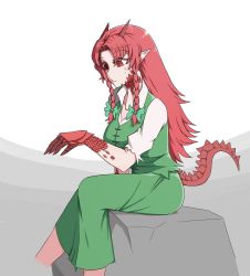 Rule 34 | 1girl, braid, breasts, chinese clothes, collarbone, dragon girl, dragon horns, dragon tail, green skirt, green vest, hair ribbon, highres, hong meiling, horns, large breasts, long hair, mata (matasoup), pointy ears, red eyes, red hair, ribbon, scales, shirt, sitting, skirt, slit pupils, solo, sweatdrop, tail, torn clothes, touhou, tress ribbon, twin braids, vest, white shirt, white sleeves