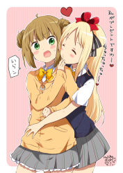 Rule 34 | 2girls, black bow, blonde hair, blush stickers, bow, brown hair, closed eyes, closed mouth, collared shirt, commentary request, dated, double bun, grey skirt, hair bow, hair bun, heart, highres, jacket, long hair, long sleeves, manda rin, multiple girls, ootani nyuu, open mouth, pink background, ragho no erika, red bow, school uniform, shirt, short sleeves, sidelocks, signature, skirt, sleeves past wrists, striped background, striped bow, striped clothes, striped skirt, sukurizo!, sweat, sweater vest, translation request, two-tone background, v-shaped eyebrows, vertical-striped clothes, vertical-striped skirt, very long hair, white background, white shirt, yellow bow, yellow jacket, yuri