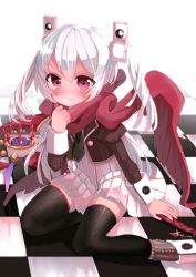 Rule 34 | 1girl, bad id, bad pixiv id, black thighhighs, hair ornament, kinokoko-kino, long hair, looking at viewer, original, pleated skirt, pout, red eyes, scarf, school uniform, sitting, skirt, solo, thighhighs, twintails, white hair, zettai ryouiki
