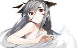 Rule 34 | 1girl, arknights, bare shoulders, black ribbon, breasts, closed mouth, commentary, expressionless, hair ornament, hairband, hand up, head tilt, long hair, red eyes, ribbon, sidelocks, silver hair, simple background, small breasts, solo, upper body, weedy (arknights), white background, zhili xingzou