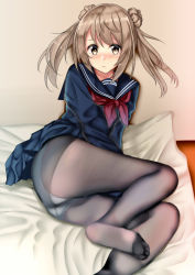 Rule 34 | 1girl, absurdres, arm between legs, blue sailor collar, blue shirt, blue skirt, blush, brown eyes, brown hair, closed mouth, clothes lift, double bun, hair between eyes, hair bun, highres, himura moritaka, kantai collection, long hair, looking at viewer, lying, michishio (kancolle), neckerchief, no shoes, nose blush, on bed, on side, panties, panties under pantyhose, pantyhose, red neckerchief, sailor collar, school uniform, serafuku, shirt, simple background, skirt, skirt lift, thighs, underwear, v arms