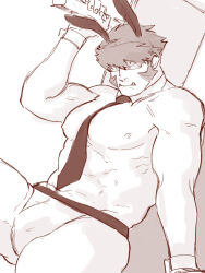 Rule 34 | 1boy, abs, animal ears, bara, between pectorals, bulge, detached collar, feet out of frame, glasses, gluteal fold, holding, holding sign, jockstrap, kekkai sensen, klaus von reinhertz, large pectorals, long sideburns, looking at viewer, male focus, male playboy bunny, male underwear, mature male, muscular, muscular male, mutton chops, navel, navel hair, necktie, necktie between pectorals, nipples, nore (boosuke), pectorals, rabbit ears, red hair, semi-rimless eyewear, short hair, sideburns, sign, sitting, solo, spread legs, stomach, thick thighs, thighs, topless male, tusks, underwear
