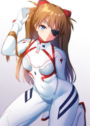 1girl, bandage, blue eyes, bodysuit, breasts, covered navel, evangelion: 3.0+1.0 thrice upon a time, eyepatch, hairpods, interface headset, long hair, neon genesis evangelion, orange hair, pilot suit, plugsuit, rebuild of evangelion, small breasts, solo, soryu asuka langley, tokyo yamane, two side up, white bodysuit