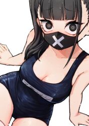 Rule 34 | 1girl, 28 (282teeth), black hair, black mask, blue archive, blue one-piece swimsuit, breasts, cleavage, collarbone, large breasts, looking at viewer, name tag, one-piece swimsuit, ponytail, school swimsuit, simple background, solo, sukeban (smg) (blue archive), swimsuit, thighhighs, wet, wet hair, white background, white thighhighs