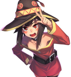 Rule 34 | 10s, 1girl, :d, bare shoulders, belt, black thighhighs, blush, brown hair, collar, h kasei, hand on own hip, hat, kono subarashii sekai ni shukufuku wo!, looking at viewer, megumin, open mouth, red eyes, short hair with long locks, simple background, single thighhigh, smile, solo, teeth, thighhighs, w, white background, witch hat