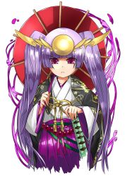 Rule 34 | &gt;:&lt;, :&lt;, androgynous, bad id, bad pixiv id, blunt bangs, closed mouth, gender request, hakama, hakama skirt, haori, headpiece, holding, holding umbrella, japanese clothes, katana, kei (keiclear), long hair, looking at viewer, oil-paper umbrella, purple hair, puzzle &amp; dragons, simple background, skirt, solo, sword, twintails, umbrella, v-shaped eyebrows, weapon, white background, wide sleeves, yomi (p&amp;d)