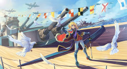 Rule 34 | 1girl, aircraft, airplane, armor, armored boots, battleship, bird, blonde hair, blue eyes, blue sky, blunt bangs, boots, cape, coat, coattails, commentary request, day, dove, eyelashes, feathers, fur-trimmed cape, fur trim, gauntlets, gloster meteor, hair bun, highres, historical name connection, hms warspite, horizon, kantai collection, legs apart, long sleeves, looking at viewer, military, military vehicle, name connection, ocean, original, outdoors, outstretched arm, pacific (kancolle), pants, personification, sash, shadow, ship, sima naoteng, single hair bun, sky, solo, standing, string of flags, sunlight, sword, tailcoat, tiara, tight clothes, tight pants, turret, warship, watercraft, weapon, white pants