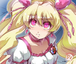 Rule 34 | 1girl, badge, blonde hair, blush, breasts, choker, cleavage, collarbone, commentary request, cure peach, dated, derivative work, female focus, fresh precure!, hair between eyes, hair ornament, hisahiko, long hair, looking at viewer, meme, momozono love, pink choker, pink eyes, precure, puffy sleeves, sailor moon redraw challenge (meme), shirt, short sleeves, signature, small breasts, solo, sweatdrop, tile floor, tiles, twintails, white shirt