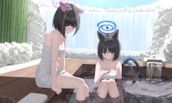 Rule 34 | 2girls, absurdres, animal ears, bamboo, black eyes, black hair, blue archive, blue halo, blush, breasts, cat ears, cat tail, cleavage, closed mouth, colored inner hair, commentary, day, halo, highres, kazusa (blue archive), kikyou (blue archive), kurone (kurone ryuo), looking at viewer, medium breasts, multicolored hair, multiple girls, multiple tails, naked towel, onsen, outdoors, partially submerged, pink hair, pink halo, red eyes, short hair, sitting, tail, towel, two tails, water, white towel