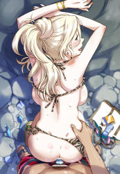 Rule 34 | 1boy, 1girl, admiral (kancolle), against rock, alternate hairstyle, ass, backboob, bag, bar censor, bent over, bikini, bikini bottom aside, blonde hair, breasts, brown bikini, censored, clothing aside, condom, condom on penis, condom packet strip, condom wrapper, earrings, from above, hair up, hetero, jewelry, kantai collection, large breasts, long hair, looking back, male pubic hair, open mouth, penis, pov, pubic hair, richelieu (kancolle), sameha ikuya, sandals, sex, sex from behind, speech bubble, standing, standing sex, striped bikini, striped clothes, stud earrings, swimsuit, textless version, torso grab, two-tone bikini, used condom, vaginal, white bikini