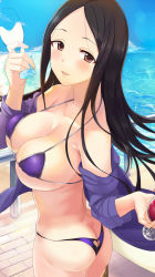 Rule 34 | 1girl, alcohol, ashita (2010), ass, bad id, bad twitter id, bare shoulders, beach, bikini, black hair, blue sky, blush, breasts, brown eyes, butt crack, cleavage, collarbone, cup, day, drinking glass, highres, hiiragi shino, hip focus, idolmaster, idolmaster cinderella girls, jacket, large breasts, long hair, looking at viewer, looking back, ocean, off shoulder, open clothes, open jacket, parted bangs, parted lips, purple bikini, purple jacket, sky, smile, solo, swimsuit, wine glass