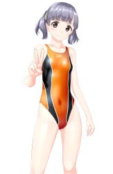 Rule 34 | 1girl, absurdres, black eyes, blunt bangs, breasts, clothes writing, collarbone, competition swimsuit, contrapposto, covered navel, cowboy shot, grey hair, highres, kantai collection, looking at viewer, multicolored clothes, multicolored swimsuit, one-piece swimsuit, ooshio (kancolle), orange one-piece swimsuit, short hair, simple background, small breasts, solo, standing, swimsuit, takafumi, twintails, two-tone swimsuit, v, white background