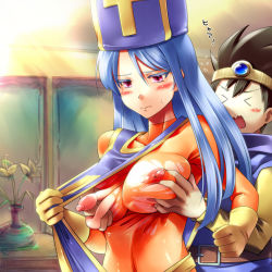 Rule 34 | &gt; &lt;, 1boy, 1girl, belt, black hair, blue hair, blush, bodysuit, grabbing another&#039;s breast, breasts, chunsoft, closed eyes, covered erect nipples, dragon quest, dragon quest iii, enix, flower, gloves, grabbing, hetero, large breasts, nipples, open mouth, priest (dq3), puffy nipples, purple eyes, roto (dq3), shirt, sweatdrop, tetsuwan woopie, torn clothes, translated, vase, wavy mouth