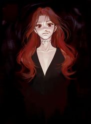 Rule 34 | 1girl, absurdres, black dress, blood, blood on face, closed mouth, collarbone, commentary, copyright request, dress, english commentary, highres, long hair, looking at viewer, nosebleed, oyabuli, red eyes, red hair, smeared blood, solo, stitched neck, stitches, v-neck