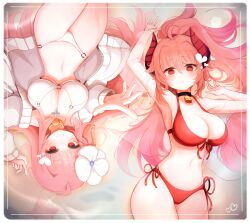 Rule 34 | 2girls, ahoge, bell, bikini, blush, breasts, cleavage, cross, curvy, dungeon and fighter, flower, hair flower, hair ornament, heart, highres, horns, hwaryeok, large breasts, long hair, looking at viewer, multiple girls, navel, neck bell, o-ring, o-ring bikini, o-ring bottom, o-ring top, original, pink hair, ponytail, reaching, reaching towards viewer, red bikini, red eyes, side-tie bikini bottom, star (symbol), sweater, swimsuit, thighs, white bikini, white sweater