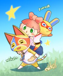 Rule 34 | 1boy, 2girls, animal crossing, animal ears, arm up, artist name, bare shoulders, barefoot, belt, blue background, blue dress, blue eyes, blue neckwear, blue outline, blue sky, blunt bangs, blush, blush stickers, boots, bottomless, bow, brown footwear, carrying, cat boy, cat ears, cat tail, closed eyes, closed mouth, day, domino mask, dress, full body, furry, gradient background, gradient sky, grass, green eyes, hair bow, happy, highres, hug, hug from behind, kanzaki akira (akk9s), leaning forward, legs apart, long sleeves, looking at another, looking down, mask, mira (animal crossing), multiple girls, necktie, nintendo, off shoulder, open mouth, outdoors, outline, pantyhose, piggyback, pinafore dress, pink bow, pink hair, pink shirt, rabbit ears, rabbit girl, rabbit tail, red legwear, shirt, short hair, sideways mouth, signature, sky, sleeveless, sleeveless dress, sleeveless shirt, smile, standing, star (symbol), stinky (animal crossing), tail, villager (animal crossing), white shirt