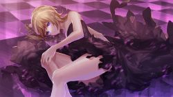 Rule 34 | 1girl, bad id, bad pixiv id, bare legs, bare shoulders, black dress, blonde hair, blue eyes, checkered floor, dress, enu 0426, expressionless, floor, full body, kagamine rin, looking at viewer, lying, on side, reflection, solo, strapless, strapless dress, thighs, vocaloid