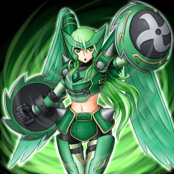Rule 34 | 1girl, armor, caam serenity of gusto, cosplay, daigusta emeral, daigusto emeral, daigusto emeral (cosplay), duel monster, feathers, gender request, genderswap, green armor, green eyes, green hair, green theme, long hair, looking at viewer, midriff, pataneet, shield, thigh gap, wings, yu-gi-oh!, yu-gi-oh! duel monsters