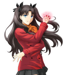 Rule 34 | 1girl, black bow, black skirt, blue eyes, bow, brown hair, closed mouth, coat, fate/stay night, fate (series), floating hair, gem, hair bow, hair intakes, highres, holding, long hair, long sleeves, miniskirt, orange scarf, pleated skirt, prime (cameron), red coat, red gemstone, scarf, simple background, skirt, smile, solo, standing, tohsaka rin, twintails, very long hair, white background
