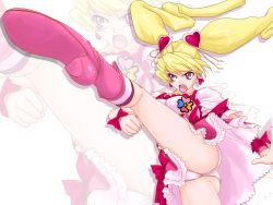 Rule 34 | 00s, 1girl, agahat, ass, blonde hair, boots, bow, choker, cure peach, eyelashes, foreshortening, fresh precure!, hair ornament, heart, heart hair ornament, highres, kicking, knee boots, long hair, magical girl, momozono love, no choker, panties, pantyshot, pink bow, pink footwear, precure, red eyes, solo, twintails, underwear, upskirt, white panties, zoom layer