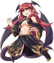 Rule 34 | 1girl, alternate costume, bat wings, detached sleeves, full body, fun bo, head wings, koakuma, long hair, marisa to alice no cookie storia, red eyes, red hair, simple background, solo, touhou, white background, wings