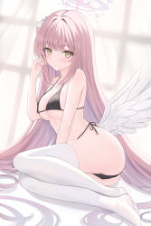 Rule 34 | 1girl, absurdly long hair, absurdres, angel wings, ass, backlighting, bare arms, bare shoulders, bikini, black bikini, blue archive, breasts, closed mouth, commentary, curtains, feathered wings, feathers, full body, hair bun, halo, highres, indoors, light smile, long hair, looking at viewer, lounging, lunana, medium breasts, mika (blue archive), pink hair, side-tie bikini bottom, sidelocks, solo, swimsuit, thighhighs, thighs, very long hair, white feathers, white thighhighs, window, wings