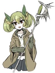 Rule 34 | 1girl, brown eyes, cosplay, cropped legs, duel monster, green hair, highres, holding, holding staff, long sleeves, open clothes, open mouth, open robe, parlor dragonmaid, pleated sleeves, robe, seatail, simple background, sketch, skirt, solo, staff, white background, wynn (yu-gi-oh!), wynn the wind charmer, wynn the wind charmer (cosplay), yu-gi-oh!