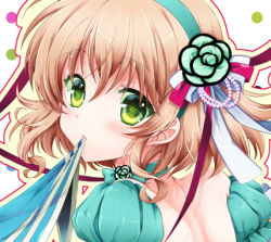 Rule 34 | 00s, 1girl, bad id, bad pixiv id, blonde hair, blue hairband, choker, flower, green eyes, green flower, green rose, hairband, lowres, mouth hold, natalia luzu kimlasca lanvaldear, official alternate costume, rose, short hair, shuragyoku mami, solo, tales of (series), tales of the abyss