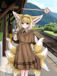 Rule 34 | 1girl, :o, absurdres, animal ear fluff, animal ears, arknights, black hairband, blonde hair, blue sky, blush, braid, braided hair rings, briefcase, brown jacket, brown skirt, cloud, commentary, day, english commentary, fox ears, fox girl, fox tail, green eyes, hair between eyes, hair rings, hairband, hand up, highres, holding, jacket, kitsune, kyuubi, layered sleeves, long sleeves, looking at viewer, mountain, multicolored hair, multiple tails, outdoors, parted lips, pleated skirt, railroad tracks, rylaera, shirt, short over long sleeves, short sleeves, skirt, sky, solo, suzuran (arknights), tail, train station, train station platform, tree, twin braids, two-tone hair, white hair, white shirt