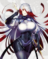 Rule 34 | 1girl, arm at side, arm up, asmodeus (megido72), big hair, black bodysuit, black gloves, bodysuit, breasts, commentary request, covered navel, elbow gloves, gloves, gluteal fold, gradient hair, grey shirt, grey thighhighs, head tilt, highres, holding, large breasts, long hair, megido72, multicolored hair, parted lips, puffy short sleeves, puffy sleeves, red hair, shirt, short sleeves, silver hair, solo, standing, tetsubuta, thigh gap, thighhighs, very long hair