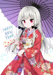 Rule 34 | 1girl, 2020, ama-tou, animal, black ribbon, blush, chinese zodiac, closed mouth, commentary request, floral print, grey hair, hair ribbon, happy new year, highres, holding, holding umbrella, japanese clothes, kimono, long hair, long sleeves, mouse (animal), new year, obi, oil-paper umbrella, print kimono, purple umbrella, red eyes, red kimono, ribbon, sash, sidelocks, smile, solo, sophie twilight, tonari no kyuuketsuki-san, umbrella, very long hair, white background, wide sleeves, year of the rat