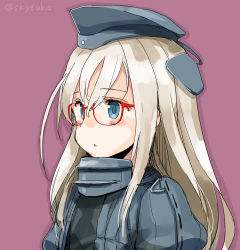 Rule 34 | 1girl, bespectacled, blonde hair, blue eyes, blush, garrison cap, glasses, hat, kantai collection, long hair, looking away, parted lips, purple background, red-framed eyewear, solo, suka, twitter username, u-511 (kancolle), upper body