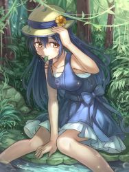 Rule 34 | 10s, 1girl, between legs, black hair, blue dress, blush, bow, breasts, collarbone, dress, flower, hair between eyes, hand between legs, hand on headwear, hat, hat flower, hat ribbon, layered dress, leaf, long hair, love live!, love live! school idol festival, love live! school idol project, miazi, mouth hold, nature, on ground, outdoors, plant, ribbon, sitting, sleeveless, sleeveless dress, smile, soaking feet, solo, sonoda umi, sun hat, vines, water, yellow eyes
