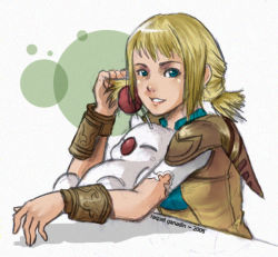 Rule 34 | 1girl, blonde hair, blue eyes, blush, braid, final fantasy, final fantasy xii, looking at viewer, penelo, short hair, smile, solo, twin braids, twintails