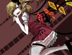 Rule 34 | 1girl, ass, blonde hair, commentary request, ear piercing, earrings, fang, fingernails, fishnet thighhighs, fishnets, flandre scarlet, frilled skirt, frills, jewelry, laevatein, long fingernails, looking at viewer, open mouth, piercing, pointy ears, puffy short sleeves, puffy sleeves, red eyes, red skirt, short sleeves, side ponytail, skirt, skirt set, smirk, solo, tail, teeth, thighhighs, touhou, vest, wings, yo no ji